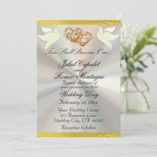 Doves, Herz und Band, QR-Code - weiß/Gold Einladung (Stehend Vorderseite)