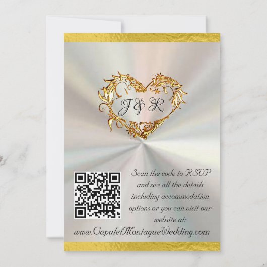 Doves, Herz und Band, QR-Code - weiß/Gold Einladung (Rückseite)