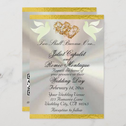 Doves, Herz und Band, QR-Code - weiß/Gold Einladung (Vorne/Hinten)