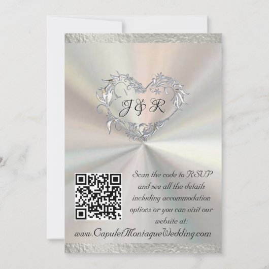 Doves, Herz und Band, QR-Code - weiß/silber Einladung (Rückseite)