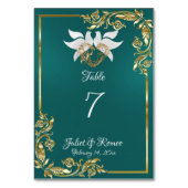 Doves, Herz und Goldrahmen auf Aquamarin Tischnummer (Rückseite)