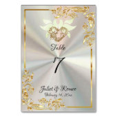 Doves, Herz und Goldrahmen auf weißer Perle Tischnummer (Rückseite)