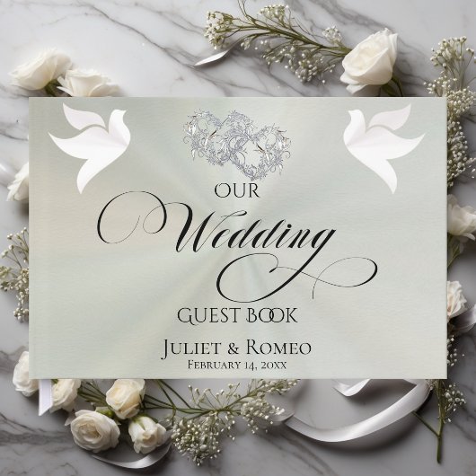 Doves & Linked Hearts - Pastel Sage/Silver Gästebuch