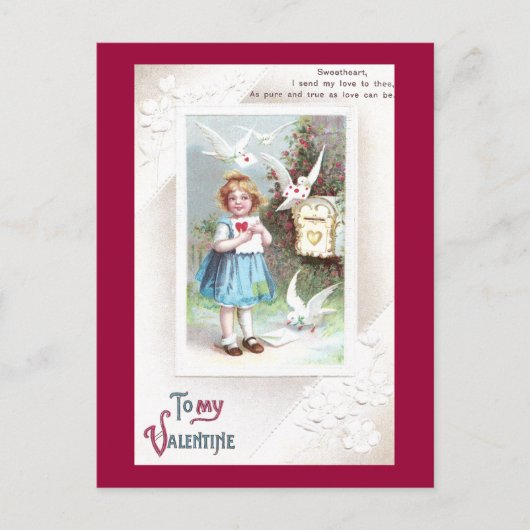 Doves, Mailbox & Girl Vintag Valentine Feiertagspostkarte (Vorderseite)