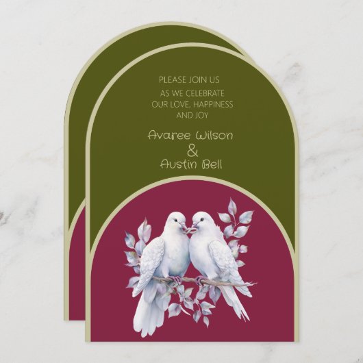Doves Rings Olive Green Burgundy Gelb Arkiert Einladung (Vorne/Hinten)