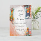 Doves und Old Town Balcony Szene mexikanische Hoch Einladung (Stehend Vorderseite)