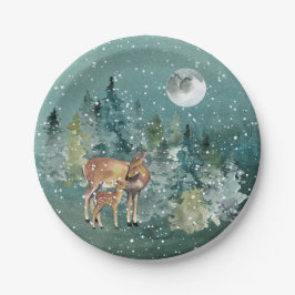 Down Fawn Deer Forest Full Moon Snowfall Holiday Pappteller