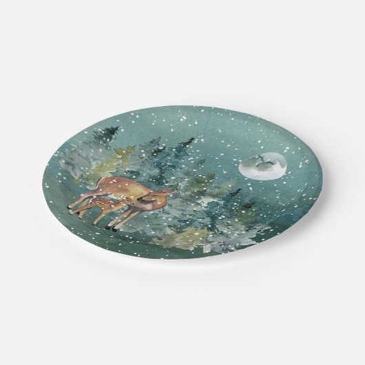 Down Fawn Deer Forest Full Moon Snowfall Holiday Pappteller (Schrägansicht)