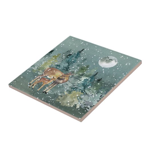 Down Fawn Deer Forest Full Moon Snowfall Wasserfar Fliese (Seite)