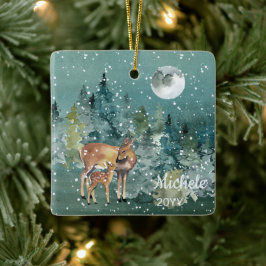 Down Fawn Deer Forest Full Moon Snowfall Wasserfar Keramikornament