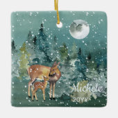 Down Fawn Deer Forest Full Moon Snowfall Wasserfar Keramikornament (Vorderseite)
