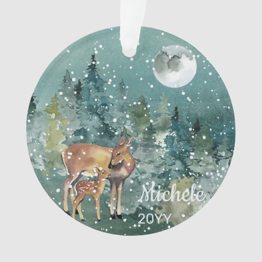 Down Fawn Deer Forest Full Moon Snowfall Wasserfar Ornament (Vorderseite)