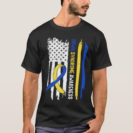 Down Syndrome USA Flag Blue Yellow Ribbon T-Shirt (Vorderseite)