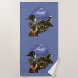 "Down Under Duo: Emu und Kookaburra in Popout Art" Strandtuch