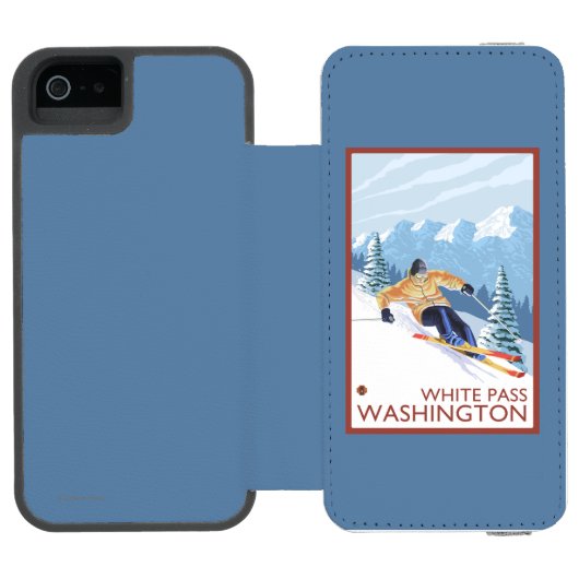 Downhhill Schnee-Skifahrer - weißer Durchlauf, Incipio iPhone Geldbeutel-Hülle (Folio Geöffnet)