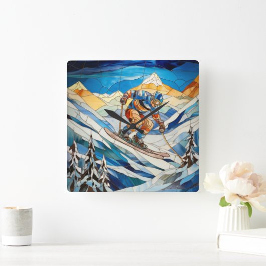 Downhill Skier Wall Clock Quadratische Wanduhr (Zuhause)