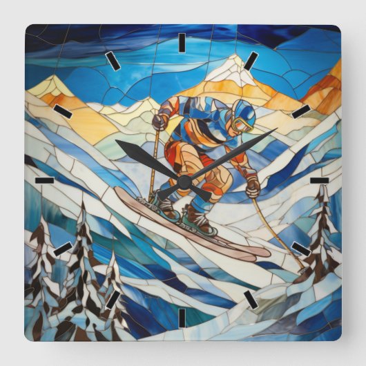Downhill Skier Wall Clock Quadratische Wanduhr (Vorderseite)