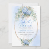 Downloadable Blue Hydrangea Gold Sweet 16 Birthday Einladung (Vorderseite)