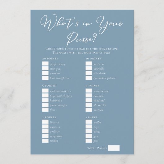 Downloadable Blue Purse Bridal Shower Game Karte (Vorderseite)