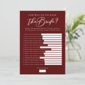 Downloadable Burgundy Bride Facts Shower Game Karte (Stehend Vorderseite)