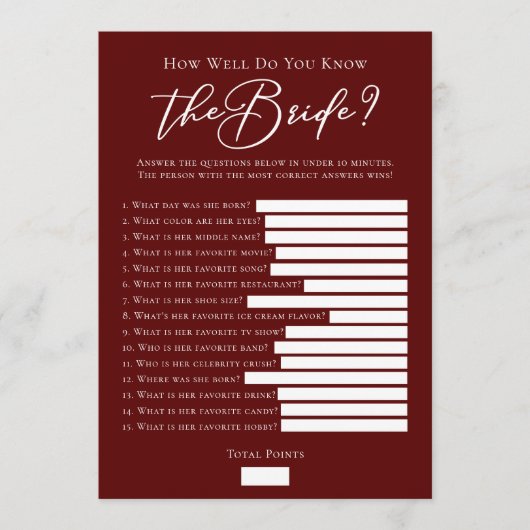 Downloadable Burgundy Bride Facts Shower Game Karte (Vorderseite)