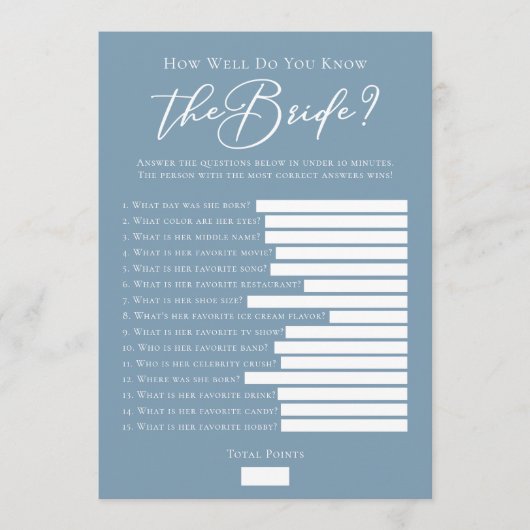 Downloadable Chic Blue Bridal Shower Trivia Game Karte (Vorderseite)