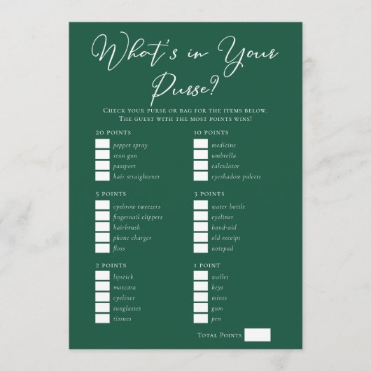 Downloadable Green Purse Bridal Shower Game Karte (Vorderseite)
