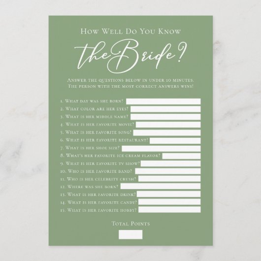 Downloadable Sage Green Bride Facts Shower Game Karte (Vorderseite)