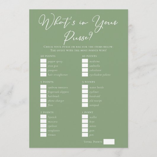Downloadable Sage Green Purse Bridal Shower Game Karte (Vorderseite)