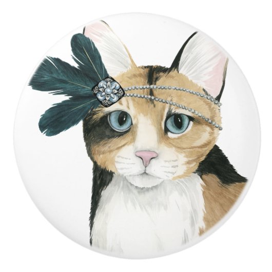 Downton Cat | Mit Federn bekleidet. Keramikknauf (Vorderseite)