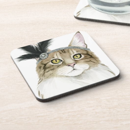 Downton Cat | Mit Federn verziert Getränkeuntersetzer (Linke Seite)