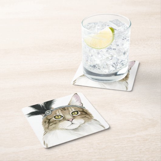 Downton Cat | Mit Federn verziert Rechteckiger Pappuntersetzer (Vor Ort)