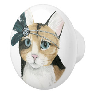 Downton Katze Bejeweled mit Federn Keramikknauf