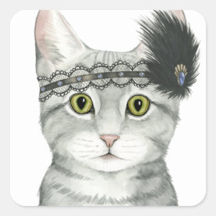 Downton Katze   Bejeweled mit Spitze Quadratischer Aufkleber