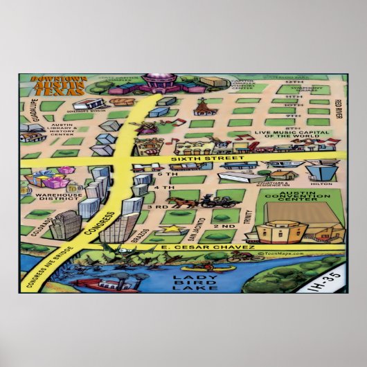 Downtown Austin Texas Cartoon Map Poster (Vorne)