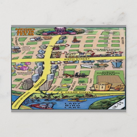 Downtown Austin Texas Cartoons Map Postkarte (Vorderseite)