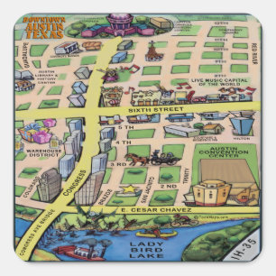Downtown Austin Texas Cartoons Map Quadratischer Aufkleber