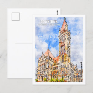 Downtown Cincinnati Berühmter Reiseort Wasserfarbe Postkarte