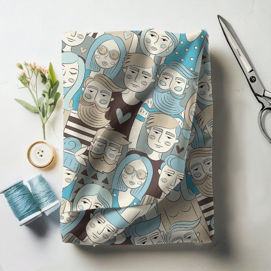 Downtown Crowd Faces Blue/Beige ID494 Stoff