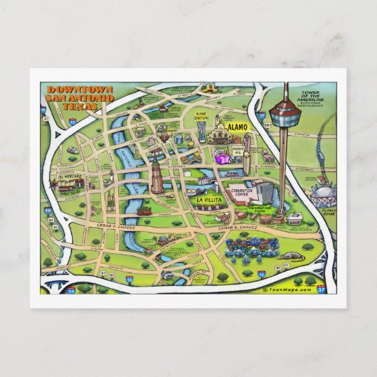 Downtown San Antonio Cartoon Karte (Vorderseite)