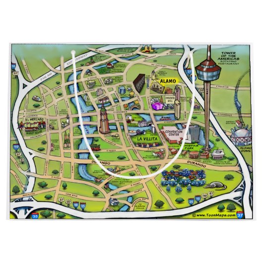 Downtown San Antonio Texas Cartoon Karte Große Geschenktüte (Vorderseite)