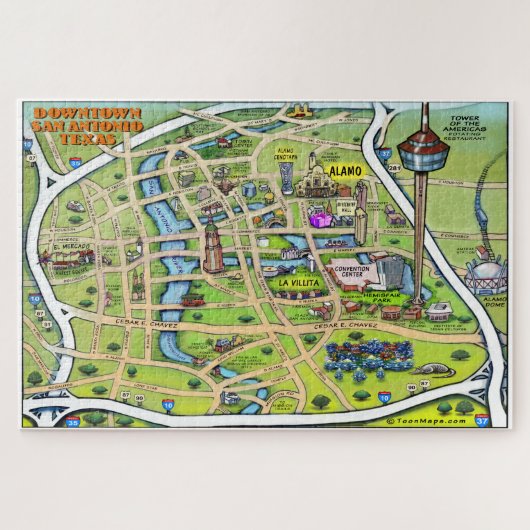 Downtown San Antonio Texas Cartoon Karte Puzzle (Horizontal)