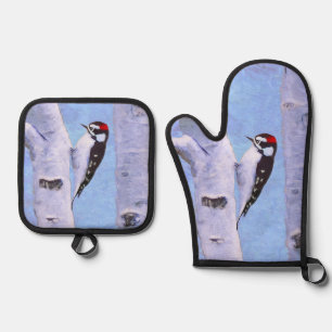 Downy Woodpecker Aspen Painting Original Bird Art Ofenhandschuh & Topflappen-Set