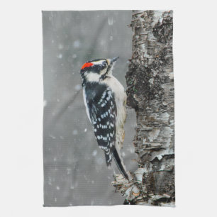 Downy Woodpecker in Snow - Original Foto Geschirrtuch