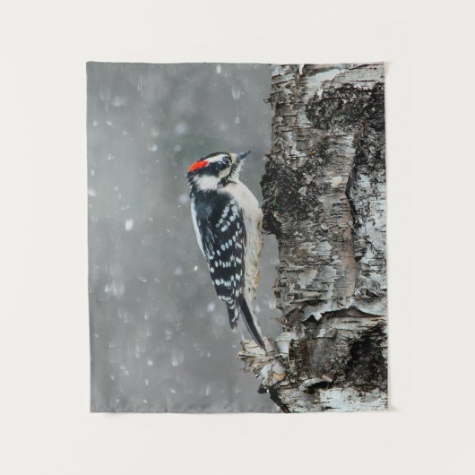 Downy Woodpecker in Snow - Original Foto Wandteppich (Vorderseite)