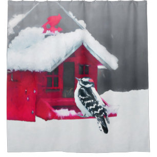Downy Woodpecker Painting - Original Bird Art Duschvorhang