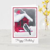 Downy Woodpecker Painting - Original Bird Art Karte (Gelbe Blume)