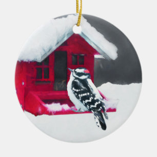 Downy Woodpecker Painting - Original Bird Art Keramik Ornament