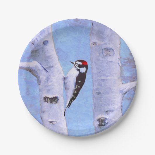 Downy Woodpecker Painting - Original Bird Art Pappteller (Vorderseite)
