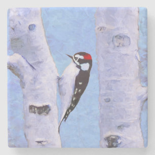 Downy Woodpecker Painting - Original Bird Art Steinuntersetzer
